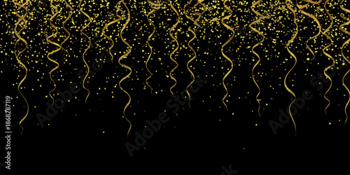 Falling golden confetti and streamers on a black background celebratory design