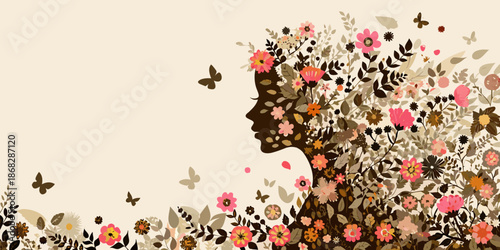 A woman s profile creatively formed with blossoming flowers and delicate butterflies