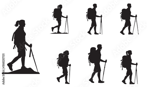 : Adventure travel concept – Hiking group vector collection walking with equipment