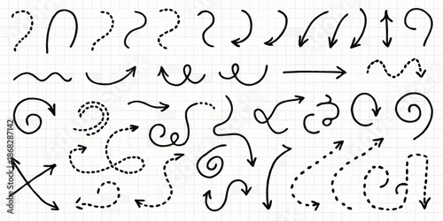 Hand drawn arrows and doodle shapes on a lined paper background