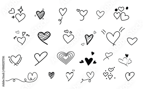 hand drawn doodle heart icons set in black line style, minimal doodle heart symbols collection on white background, sketch heart shapes hand drawn love icons set vector