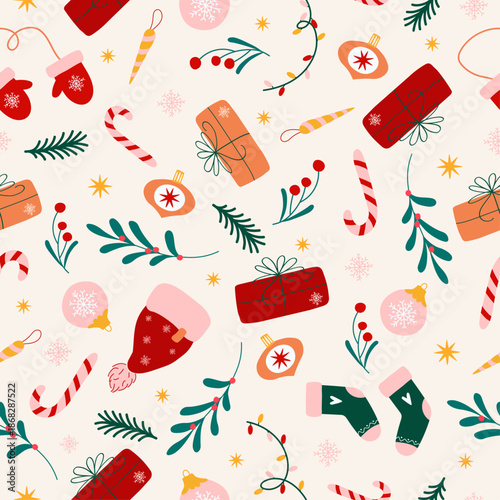 Hand drawn seamless Christmas holiday pattern with gifts, candy canes, mittens, stockings and winter greenery. Cute New Year backdrop with doodle ornaments