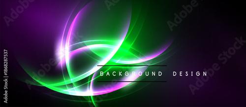 Vibrant abstract design features flowing curves, luminous green, purple hues. Dark background enhances glowing effect, modern aesthetic.