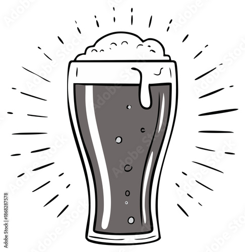 Hand drawn glass of dark beer with a frothy head cartoon style vector illustration