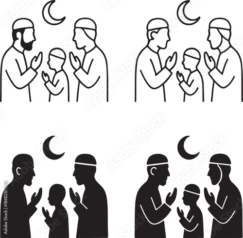 Isolated eid prayer people silhouette icon, muslim people praying together, eid holiday celebration vector symbol, minimal illustration, community festival branding