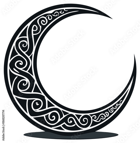 Decorative crescent moon with intricate Celtic knotwork patterns in black and white