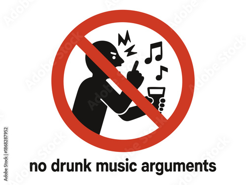person angrily gesturing with a drink and music notes around, crossed out with a red circle and bar. Absurd prohibition sign. Generative ai vector colorful illustration.