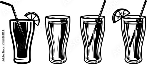 A set of four black and white vector illustrations of cocktail glasses. Each glass features a drinking straw and citrus garnish, rendered in a bold graphic style.