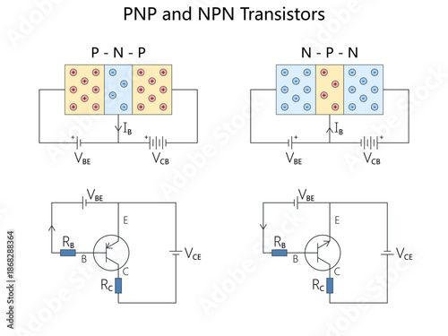 PNP and NPN transistors, showing internal charge flow and schematic symbols used in basic electronic circuits diagram hand drawn schematic vector. Science educational illustration