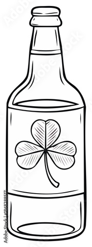 St Patricks Day beer bottle with a shamrock clover label line art illustration