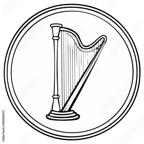 Stylized harp illustration in a circular emblem, representing music and elegance