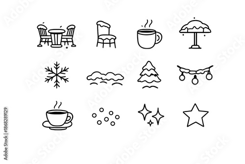 Snowy Café Icons. Snowy café icons. Line outline icon set of Snowy café icons: café table, chair, steaming mug