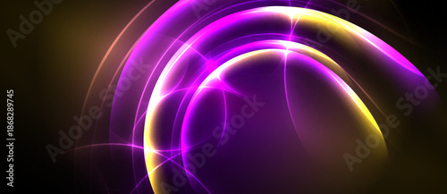 Abstract glowing curves, vibrant purple, gold hues. Dynamic energy radiates from central point, dark background enhances luminosity.