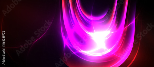 Bright pink energy radiates from center. Dark background emphasizes glowing curves, lines, abstract shapes. Vivid colors create dynamic visual impact.