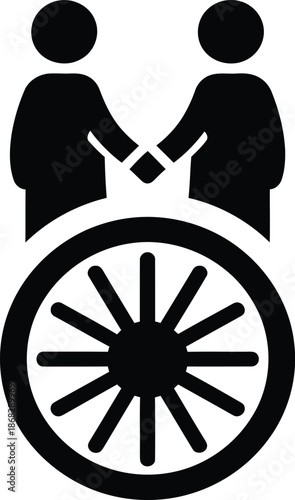 business people shaking hands, 
Business partnership and handshake concept vector illustration featuring two businessmen shaking hands over a dharmachakra wheel symbol for agreement and corporate.