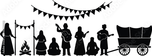 vector illustration of a silhouette, 
Traditional Roma gypsy campsite silhouette vector illustration featuring nomadic people around a campfire with music instruments and a covered wagon under party.