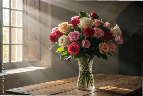 A bouquet of mixed color roses (red, pink, white) in a vintage glass vase on a wooden table, soft sunlight streaming through a window,