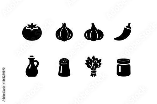 Cooking Ingredients Icons. Cooking Ingredients. Filled icon set of Cooking Ingredients: tomato, onion, garlic,