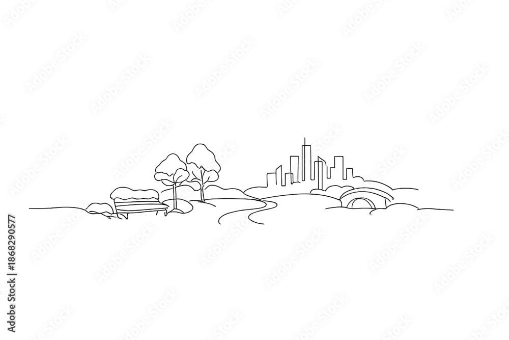 Fototapeta premium Snowy Urban Park. Snowy urban park landscape. Minimalistic one-line drawing city park covered in fresh snow