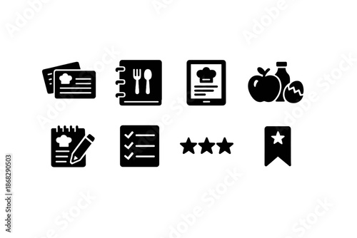 Recipe Icon Set. Recipe Collection. Filled icon set of Recipe Collection: recipe cards, binder folder, digital