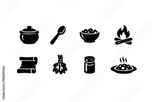 Traditional Recipe Icons. Traditional Recipes. Filled icon set of Traditional Recipes: clay pot, wooden spoon,