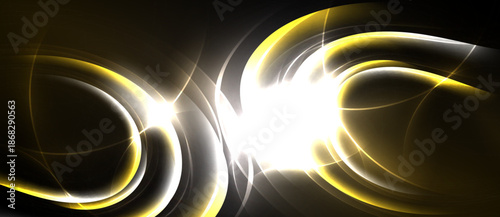 Abstract golden swirls radiate from bright center. Dynamic composition evokes energy, light, motion. Dark background emphasizes luminosity.