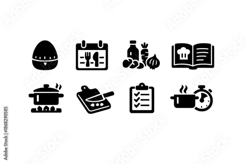 Cooking Icon Set. Cooking Schedule. Filled icon set of Cooking Schedule: kitchen timer, meal calendar,
