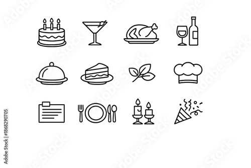 Special Occasion Icons. Special Occasion Recipes. Line outline icon set of special occasion recipes: cake,