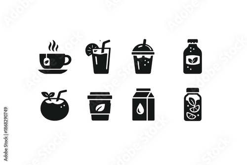 Organic Drink Icons. Organic Beverages. Filled icon set of Organic Beverages: herbal tea cup, fresh juice,