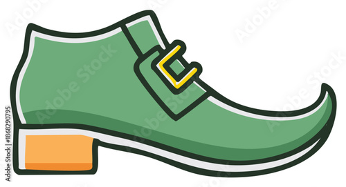 Green leprechaun shoe with gold buckle and pointed toe cartoon illustration