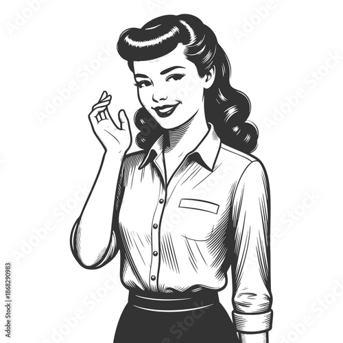 cheerful retro girl winking, styled with classic 1950s fashion and wavy hairstyle sketch engraving generative ai fictional character vector illustration. Scratch board imitation. Black and white image