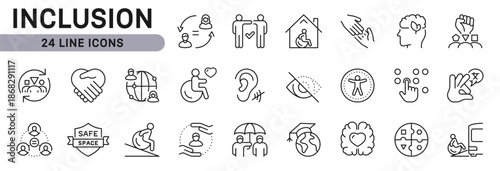 Inclusion line icon set representing Diversity, Accessibility, Equality, Disability Support, Community. Editable stroke