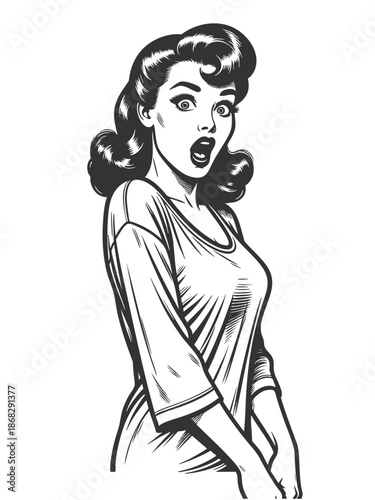 shocked pin-up woman in a bodysuit, striking a dramatic and expressive pose sketch engraving generative ai fictional character vector illustration. Scratch board imitation. Black and white image.