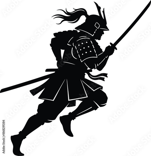 A silhouette of a samurai warrior in a dynamic powerful pose with swords