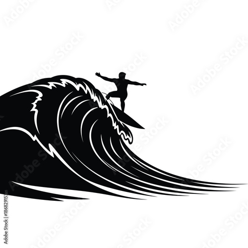 Surfer riding a large ocean wave silhouette vector illustration