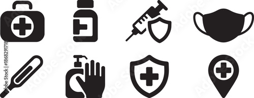 Medical healthcare protection icons set. first aid kit medicine syringe mask thermometer sanitizer shield