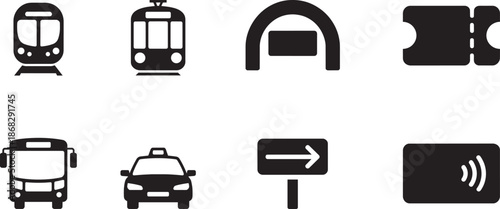 Public transport icons set featuring train bus taxi ticket entrance and contactless payment