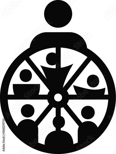 vector silhouette of a man, 
Community networking and global connection vector illustration featuring a diverse group of people integrated into a dharma chakra wheel symbol for unity and collaboration