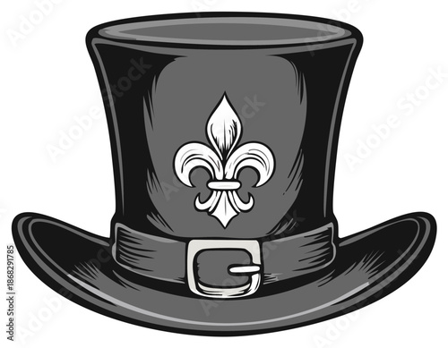 Elegant black top hat with fleur de lis emblem and buckle traditional accessory illustration