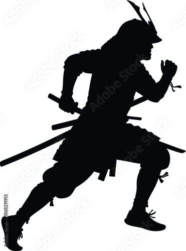 Silhouette of a running samurai warrior wielding two swords in a dynamic pose