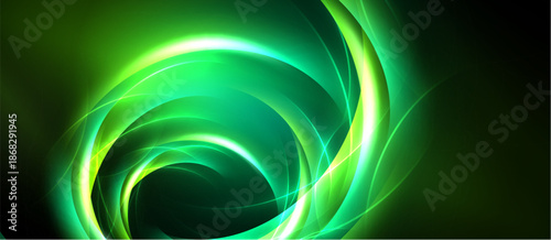 Bright green energy swirls, forming abstract vortex. Dynamic light creates captivating visual effect. Smooth gradients, intense glow.