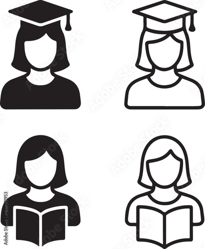 Isolated women education icon, female learning book and cap symbol, education knowledge vector, minimal illustration, women academic empowerment branding, learning success vector design