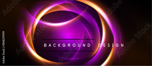 Abstract design features vibrant concentric circles. Purple, orange hues create dynamic visual effect. Dark background emphasizes glowing elements.