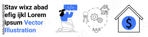 Financial planning, education, coding development, real estate investment, housing market, teamwork. Graphic showing elements thumbs up a code window, gears, keys and a dollar sign in a house