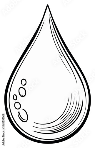 Hand drawn black and white line art of a single shiny water drop or teardrop with bubbles