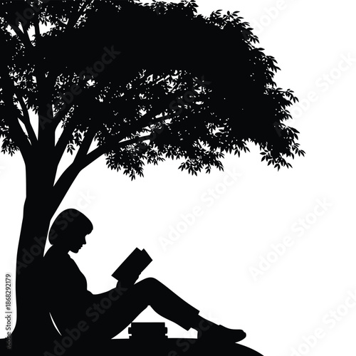Woman reading book sitting under tree silhouette illustration
