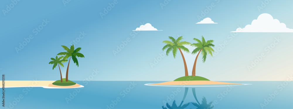 Obraz premium Tropical Serenity: Two lush tropical islands, crowned with swaying palms, rest peacefully in a serene turquoise sea under a clear sky. A scene of tranquil escape and natural beauty.