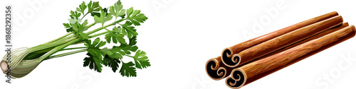 Fresh Herbs and Spices: A vibrant collection of aromatic ingredients. Aromatic ingredients. with fresh celery and fragrant cinnamon sticks, ready to enhance any dish.