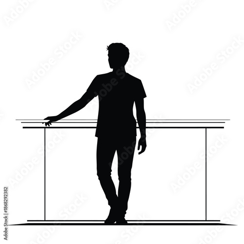 Man leaning on balcony railing silhouette looking away