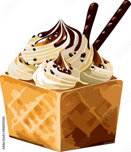 Delicious Gourmet Dessert: A delectable gourmet dessert with layers of creamy delight, topped with dark chocolate swirls and crunchy chocolate sticks, showcasing a tempting treat for indulgence.